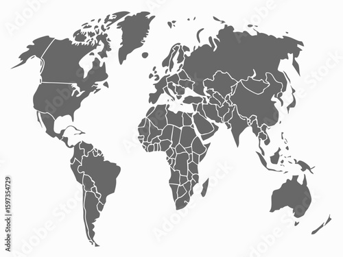 A gray world map displaying continents and country borders over a white background in a simple design style | editable eps vectors silhouette