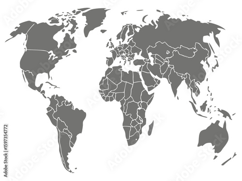 World map illustration showing continents and country borders in gray on a white background detail view | editable eps vectors silhouette