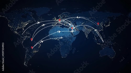 Global Flight Paths Connecting Major Cities at Night