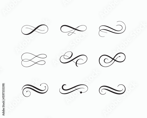 black swirl designs, vector art. Perfect for wedding invitations, greeting cards, print designs. Detailed, easily editable. Luxury, sophistication in every curl and wave