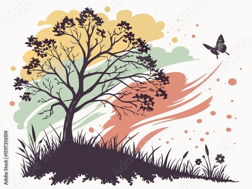 beautiful tree on a background of the autumn landscape, vector illustration