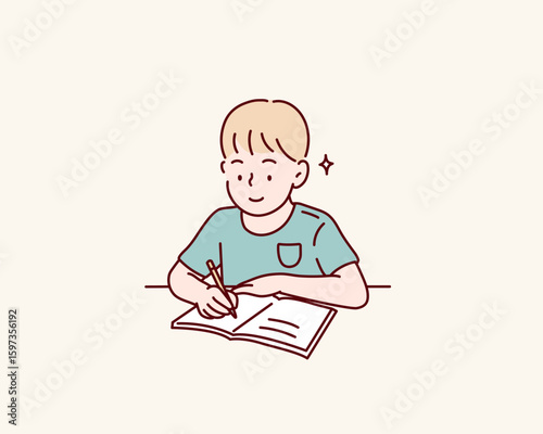 Focused School Kid Reading a Book During Class. Hand drawn style vector design illustrations.