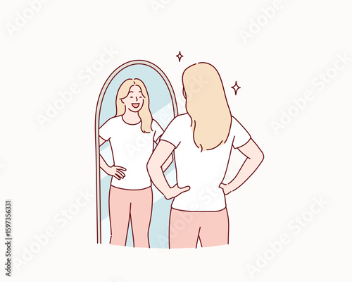 Confident Woman Looking at Herself in Full-Length Mirror – Concept of Self-Esteem and Empowerment. Hand drawn style vector design illustrations.