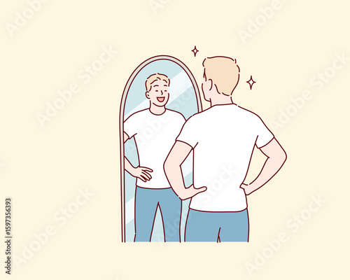 Confident Man Looking at Himself in Full-Length Mirror – Concept of Self-Love and Personal Empowerment. Hand drawn style vector design illustrations.