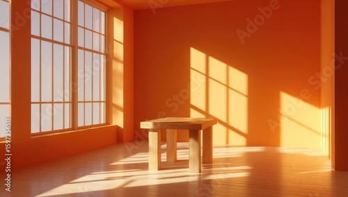 Sunny orange room with wooden table (1)
