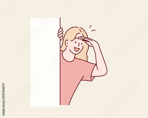 Curious Young Woman Peeking Behind Wall – Vector Illustration of Surprise and Joy. Hand drawn style vector design illustrations.