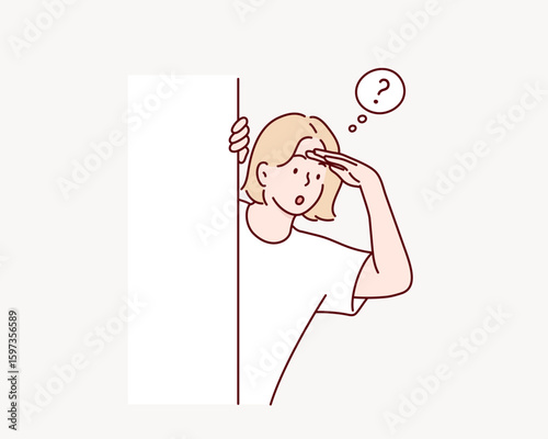 Curious Young Woman Peeking Behind Wall – Vector Illustration of Surprise and Joy. Hand drawn style vector design illustrations.