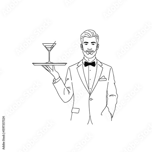 Bartender Logo, Classic Bartender With Tray and Glass, Thin Line Art