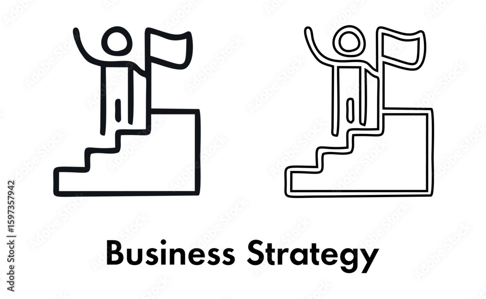 Fototapeta premium Business Strategy Vector Icon Set – Outline Style Icons Representing Planning, Goals, Market Analysis, Leadership, Innovation, Success Metrics, SWOT, Vision, Mission, and Corporate Development Tactics