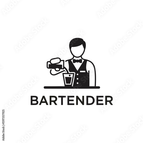 Flat Icon Bartender Logo, Minimalist Figure Pouring Drink