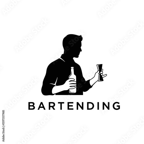 Minimal Silhouette Bartender Logo With Bottle and Jigger, Centered Design, Black Shape