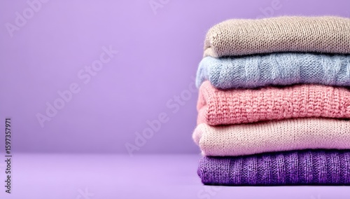Stack of colorful knitted sweaters on a purple background