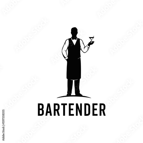 Minimal Bartender Silhouette Logo, Standing Bartender Holding Martini Glass