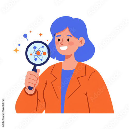 A cheerful female scientist with blue hair examines a glowing atom model with a magnifying glass.