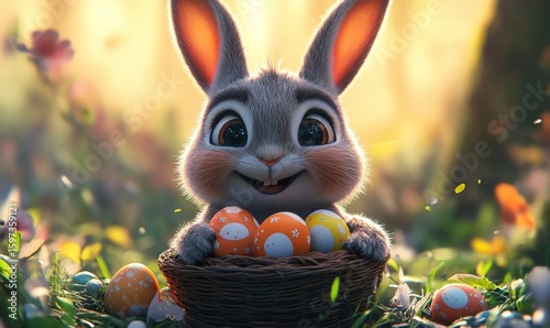 Easter bunny with Easter eggs in a basket hiding Easter eggs, Generative AI