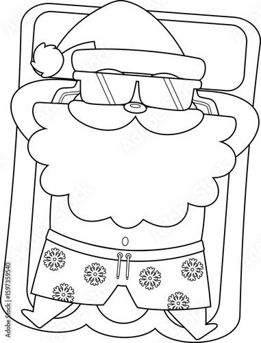 Summer Santa Claus Lying On Inflatable Mattress And Relaxing – Black and White