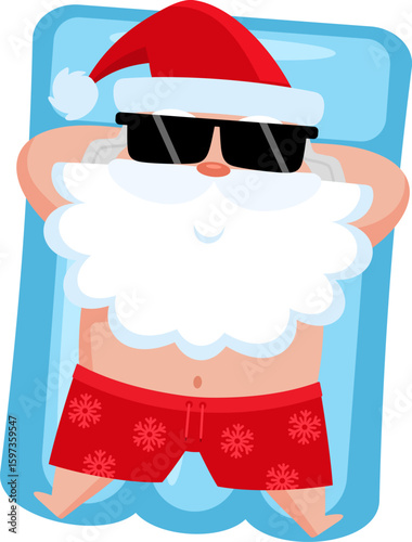 Summer Santa Claus Lying On Inflatable Mattress And Relaxing In Sunglasses - Vector Illustration Flat Design Isolated On Transparent Background