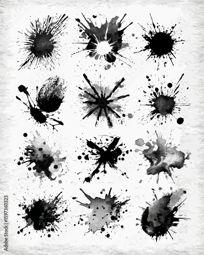A collection of twelve diverse black ink splatters and paint strokes on textured paper