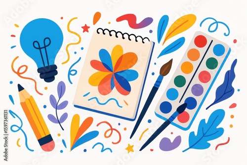 Creative workspace encapsulating artistic inspiration through colorful elements like a vibrant palette, brushes, sketchbook, and light bulb symbolizing innovative ideas and self-expression