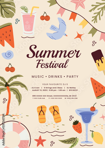 Summer, background, card of trend elements: sun, palm tree, dessert, glasses, ice cream. Fashionable modern art. Cartoon, minimalistic, abstract art Nouveau style. art template for summer  print
