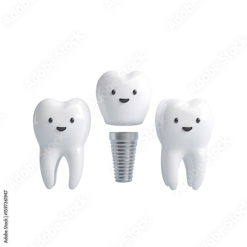 Dental implant with crown and two teeth