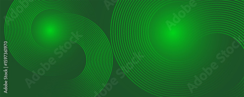 Abstract modern bright green gradient background with glowing neon circle lines element and halftone dots decoration. Trendy simple texture creative design. Suit for presentation, website