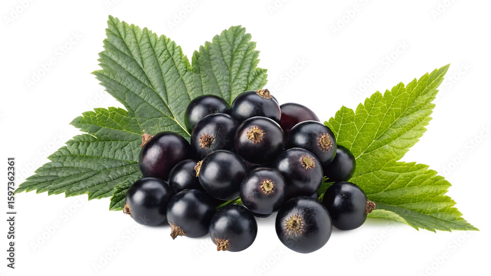 A vibrant pile of fresh blackcurrants with lush green leaves, isolated on transparent background A vibrant pile of fresh blackcurrants with lush green leaves, isolated on transparent background