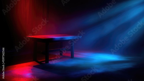 Low-lit, dark room with a table bathed in red and blue light