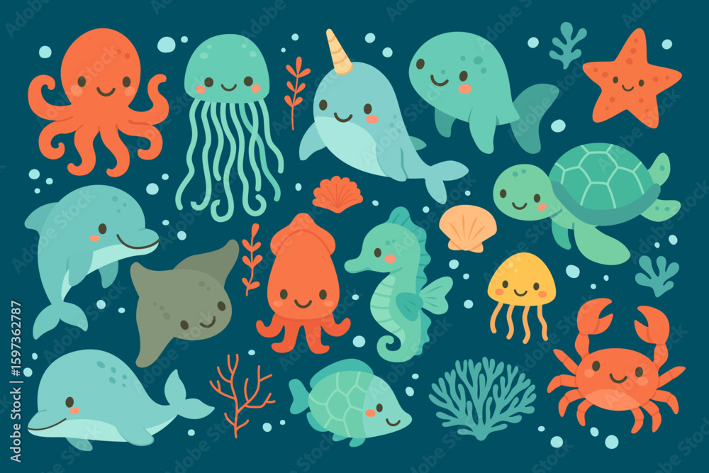 Obraz premium Cartoon Sea Animals Vector Set with Dolphin, Turtle, Octopus, Jellyfish, Ray, Seahorse, Crab and Fish Surrounded by Coral Reefs and Seaweed on Blue Background