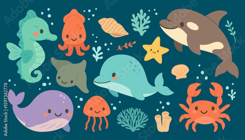 Cartoon Sea Animals Vector Set with Whale, Dolphin, Octopus, Jellyfish, Ray, Crab and Seahorse Surrounded by Coral Reefs and Ocean Plants on Blue Background in Cute Marine Style