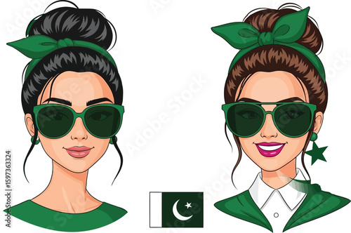 Two stylish women celebrate Pakistan Independence Day with green accessories.