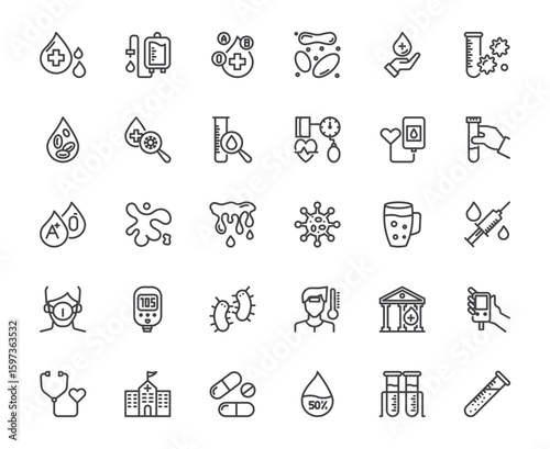 Simple vector collection of blood and medicine related such hospital, surgery, patient, science and anatomy white background, concept of healthcare and illness 48x48 pixel perfect editable stroke line