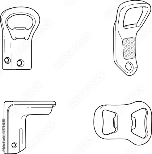 Bottle opener vector set, four unique designs, front view sketch, mounted opener styles, compact grip, functional bar tool concept, realistic illustration