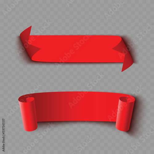 Realistic Red Ribbon Banners Set. Empty Curled Scroll Design. Vector