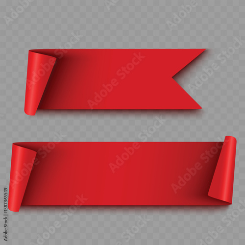 Realistic Red Ribbon Banners Set. Empty Curled Scroll Design. Vector
