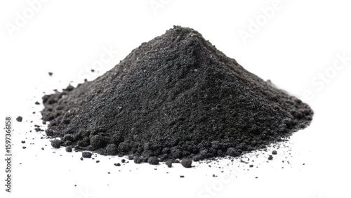 A mound of dark black activated carbon powder is isolated on a transparent background, highlighting its fine texture and granular composition