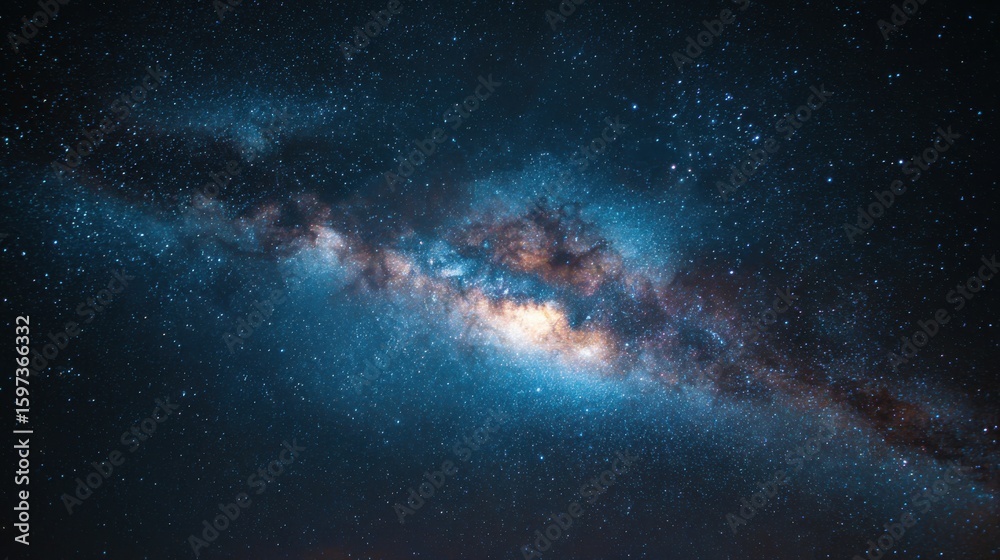 Fototapeta premium Stunning display of galaxies fills the night sky, revealing swirling clouds of stars and vibrant colors against a dark backdrop. The awe-inspiring cosmos captivates viewers during the evening.