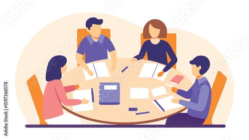 People sitting around a round table with papers and a book in a meeting discussion setting view from above