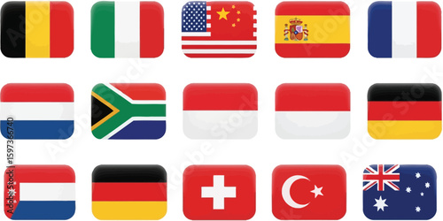 Flags of various countries are displayed in a rounded square shape.