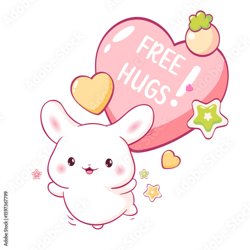 Free hug. Friendly little bunny is in a hurry to hug you. Adorable kawaii pet is just waiting for a hug. Vector poster for nursery, greeting card, print, banner for home interior, kid t-shirt