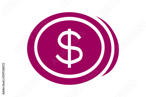 The image displays a stylized icon of coins. The main coin is shown in solid purple with a white dollar sign ($) in the center, indicating its monetary value.