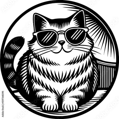 cat wearing sunglasses (linocut style)