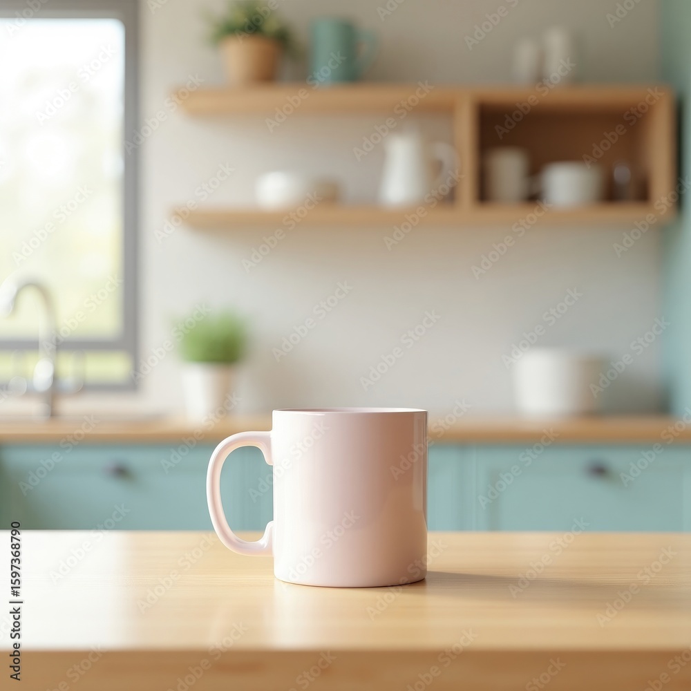Fototapeta premium Mug mockup a pink mug sits on a wooden surface in a bright kitchen with shelves and cabinets in the background