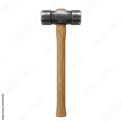 Metal sledge hammer with wooden handle on a white background, perfect for construction and repairs