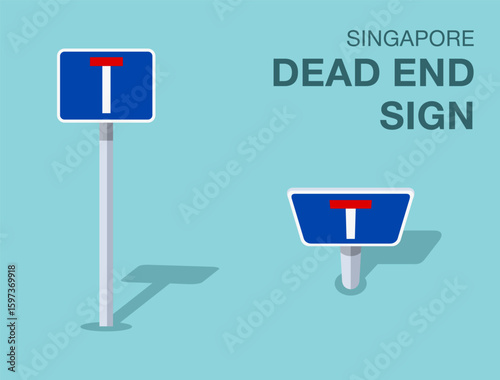 Traffic regulation rules. Isolated Singapore "dead end" road sign. Front and top view. Flat vector illustration template.