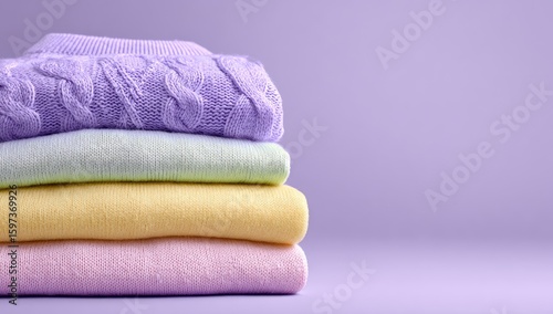 Stack of pastel-colored sweaters on a lavender background