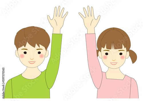 Boy and girl looking straight ahead and raising one hand with a smile