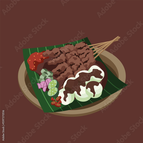 Indonesian food flat vector illustration. Sate ayam or chicken satay with peanut sauce drawing.