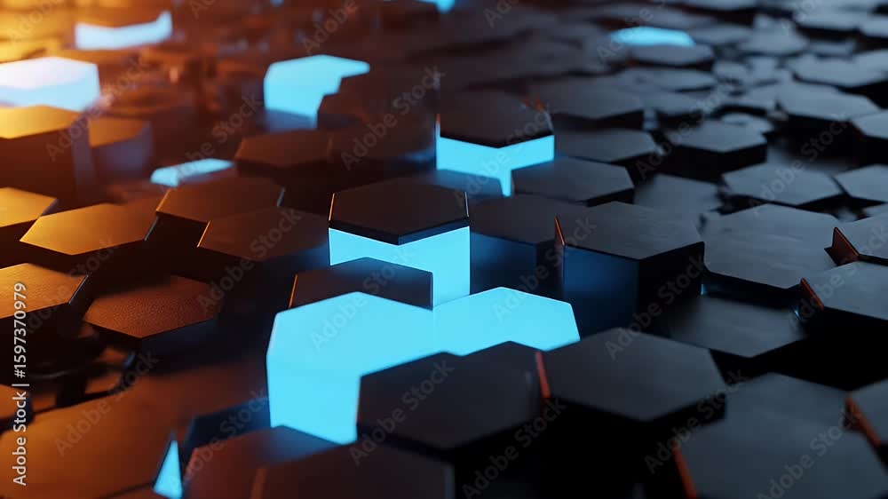 Illuminated hexagonal tiles in a futuristic grid pattern