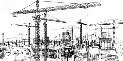 a monochrome sketch of a cityscape filled with construction cranes, minimalist style